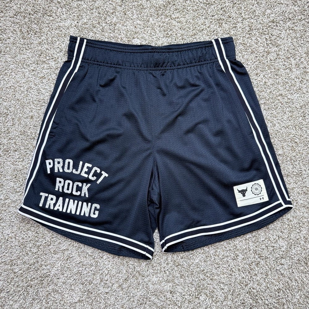 Under Armour Project Rock Mens L Black Mesh Training Shorts Bull Gym Workout